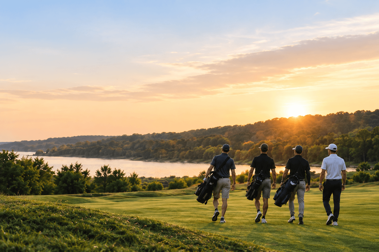 Four golfers walking together across a lakeside course at sunset