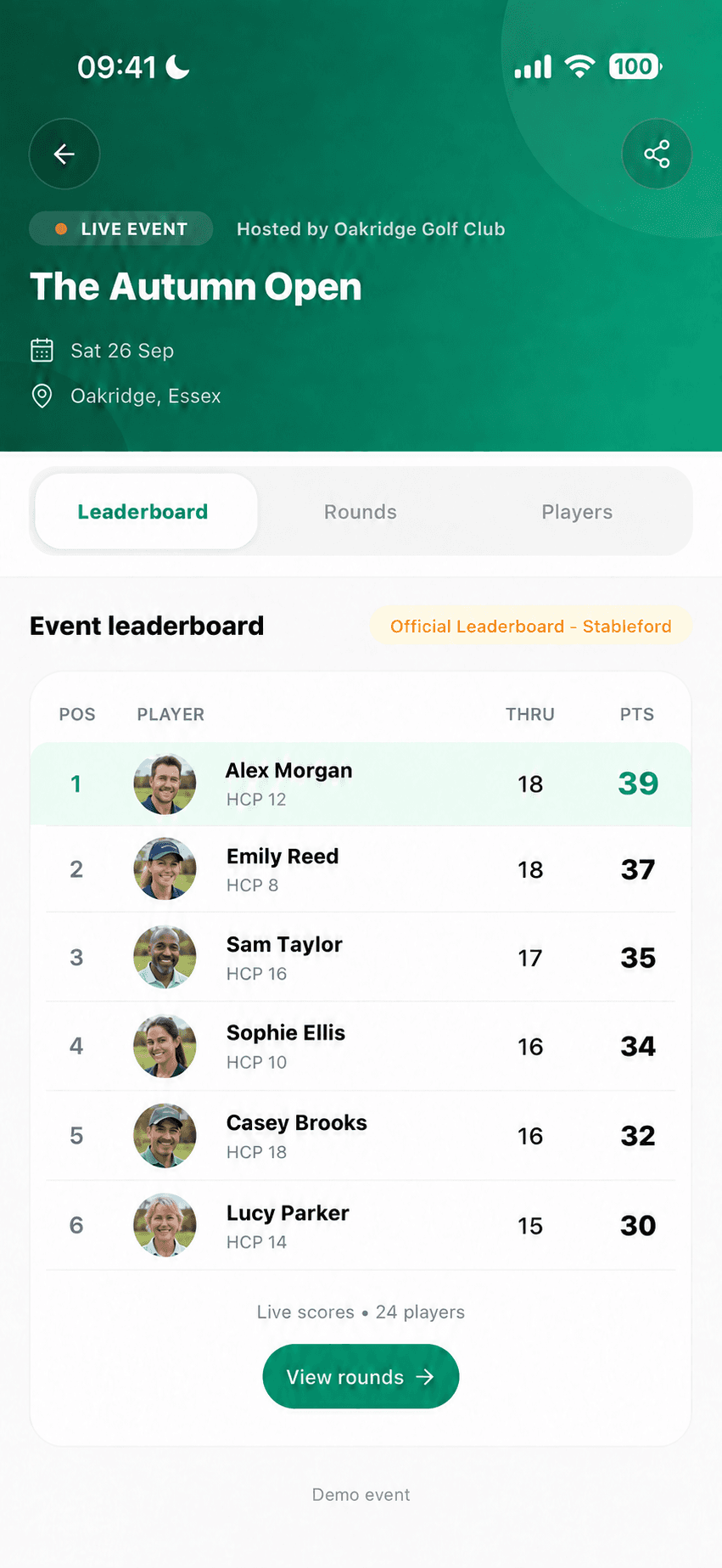 Demo Autumn Open leaderboard with player photos; Alex Morgan leads on 39 points, followed by Emily Reed on 37